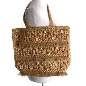 NWT Salt & Umber Tan Fringe Seashell Summer Resort Vacation BeachTote Bag
